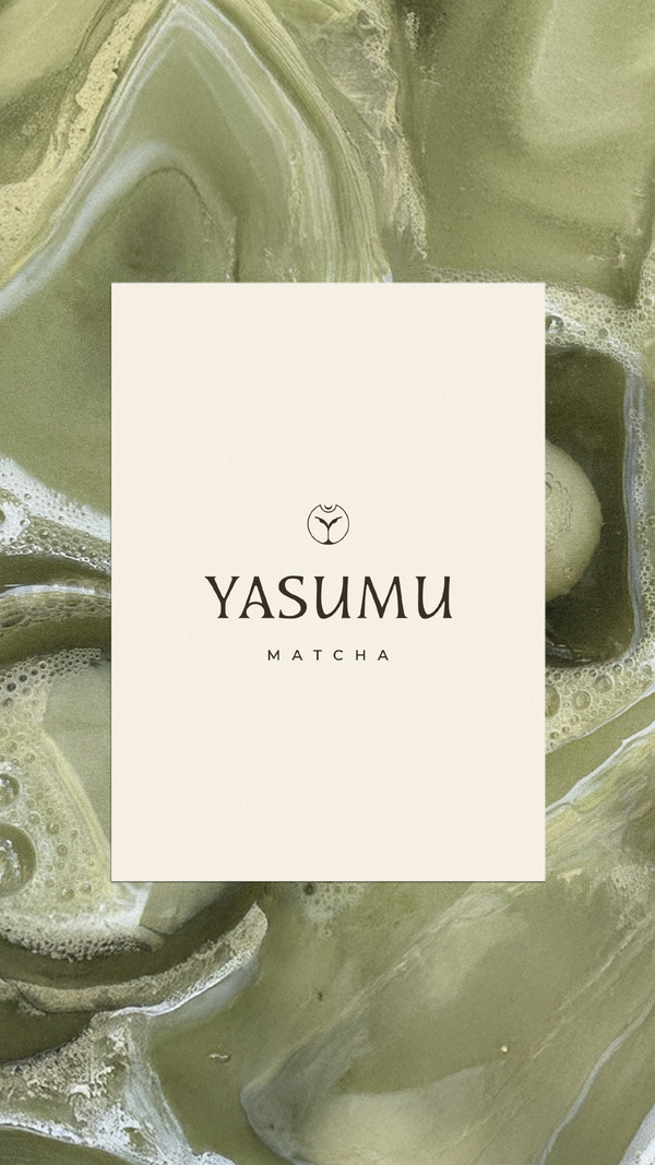Yasumu Matcha logo centered on cream card over swirling green matcha texture background