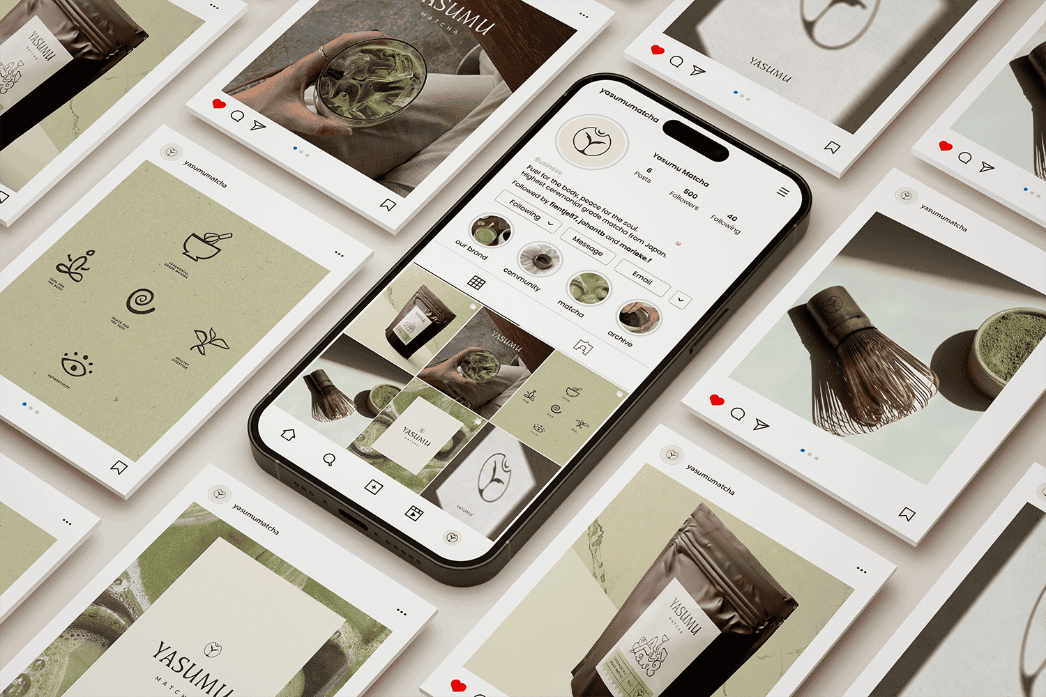 Flat lay of Instagram posts and a smartphone displaying the Yasumu Matcha Instagram profile, featuring matcha products and branding visuals in green tones.
